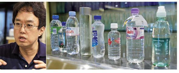 〈한겨레21〉 기자들이 블라인드 테스트로 맛본 8종류의 프리미엄 생수(오른쪽). ‘물 박사’인 이태관 계명대 교수(환경과학과)는 “국내 생수는 ‘살아 있는 물(生水)’이 아니다”라고 말한다.