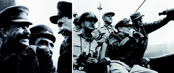 맥아더(오른쪽 사진 가운데)에게 ‘제한된 국지적 도발’로서의 한국전쟁은 성에 차지 않았다. 그가 꿈꾼 한국전쟁은 아시아 공산주의에 맞서는 십자군 전쟁이었다. 반면 스탈린(왼쪽 사진)은 한국전쟁의 확전을 원치 않았다. 한겨레 자료