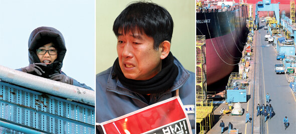 대량 해고에 맞서 85호 크레인에서 점거농성을 벌이고 있는 김진숙 민주노총 지도위원이 해맑게 웃고 있다. 김 위원이 올라간 크레인을 지키고 있는 해고 대상자 김경근씨. 그는 인터뷰 도중 ‘김주익’을 부르며 꺼이꺼이 울었다. 85호 크레인에서 바라본 영도 조선소 전경(왼쪽부터).한겨레 정용일 기자