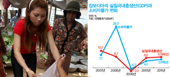 캄보디아 주부 헹 로타. 오른쪽 그래프 단위:%, 자료: 국제통화기금(IMF)