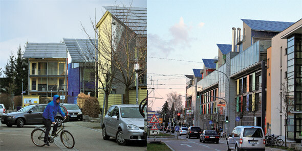 2002년 옛 보방 단지 건너편에 들어선 ‘플러스 에너지’(Plus Energy) 단지의 모습. 최소한의 에너지만 쓰는 패시브하우스로 지어진 이 마을은 태양광 시설로 전기를 자급하고 있다(왼쪽). 보방을 지나는 도로와 ‘플러스 에너지’ 단지 사이에서 방음막 역할을 하는 상업주거시설의 모습. 이곳에도 태양광 시설을 올려 전기를 얻고 있다. 한겨레 김성환 기자