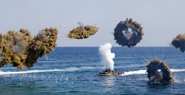 Soldiers of the combined forces take part in a joint military exercise at a beach in Pohang