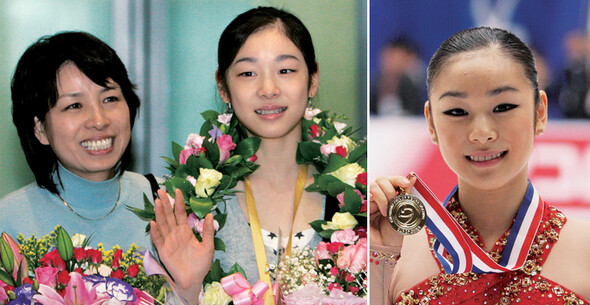 2006년 시니어 대회에서 처음 우승하고 돌아온 김연아 선수와 어머니(왼쪽). 2008년 컵오브차이나에서 우승한 김연아 선수. 그 사이에 꾸준한 성적을 유지했다. 연합