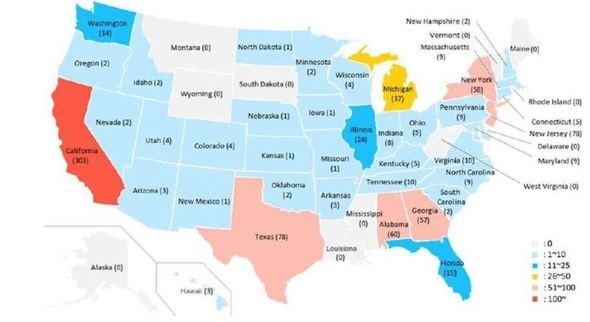 The number of South Korean companies that are operating in each US state.