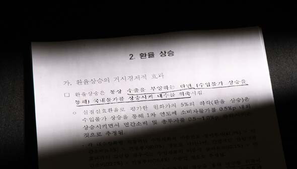 보고서는 환율상승 정책을 펼 경우에 “수출을 늘리는 반면 수입물가 상승을 통해 국내 물가를 상승시켜 내수를 위축시키고 특히 설비투자의 위축 효과는 더욱 클 것”이라고 우려의 뜻을 밝혔다.