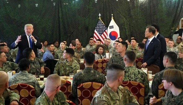 US President Donald Trump speaks to American and South Korean troops following a welcome meal at Camp Humphreys in Pyongtaek