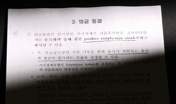 보고서는 임금동결에 대해 “단기적으로는 물가가 하락하는 동시에 생산이 증가하는 모습을 상정할 수 있다”면서 “그러나 이와 같은 효과는 그야말로 단기적 효과에 불과한 것이며, 중장기적으로는 스태그플레이션과 같은 보다 큰 문제가 야기될 수 있다”고 지적했다.