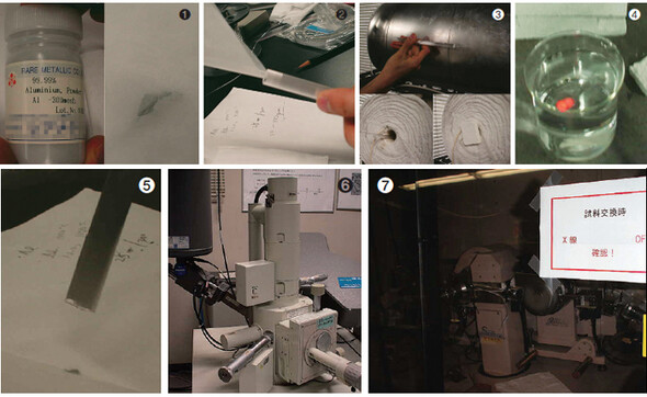천안함의 흡착 물질과 비교하기 위해 이승헌 교수가 수행한 실험. 알루미늄을 용해와 급속 냉각 과정을 거쳐 에너지 분광기(⑥)와 엑스선 회절기(⑦)로 분석 결과를 냈다.