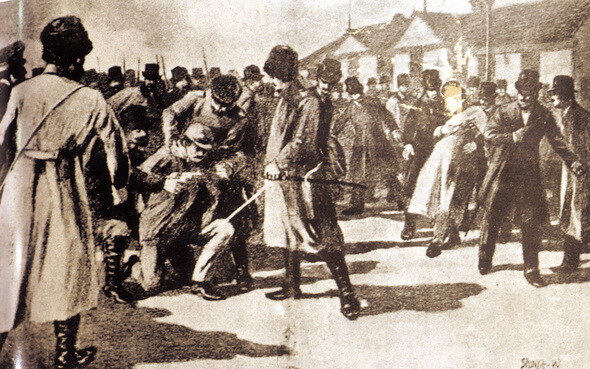 1909년 10월26일 만주 하얼빈역 앞에서 이토 히로부미를 저격한 뒤 체포되는 안중근을 묘사한 그림. 한겨레 자료