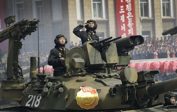 A military parade in Pyongyang on Apr. 15 to mark the 105th birthday of North Korean founding leader Kim Il-sung. (AP/Yonhap News)