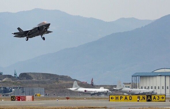 An F-35B stealth fighter takes off from Marine Corps Air Station Iwakuni in Yamaguchi Prefecture