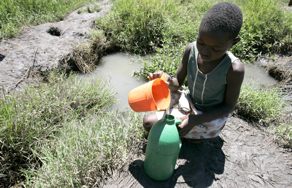 짐바브웨의 한 소녀가 고인 물을 마시기 위해 물병에 담고 있다. 아프리카 빈곤국의 기생충 감염률을 낮추려면 기생충약 처방보다 열악한 위생 환경을 개선하는 것이 우선이다. REUTERS/ Philimon Balawayo