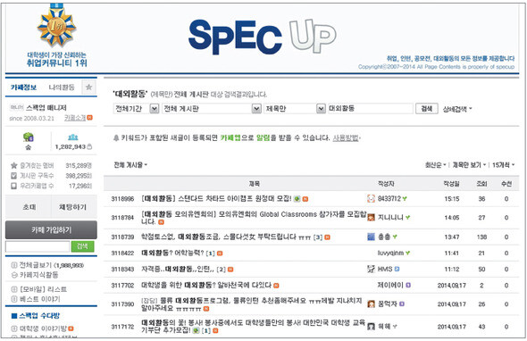 포털 사이트의 대학생 취업 커뮤니티에 올라온 ‘대외활동’ 관련 글들. 누리집 갈무리