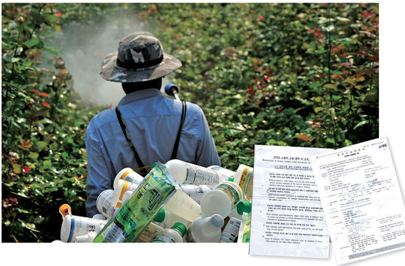  while carrying a pile of empty pesticide bottles on his back. On the right are problematic migrant worker contracts that stipulate the working hours