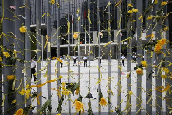 시위대가 홍콩 정부청사 울타리 창살에 노란 리본과 꽃을 가득 매달아놓았다.