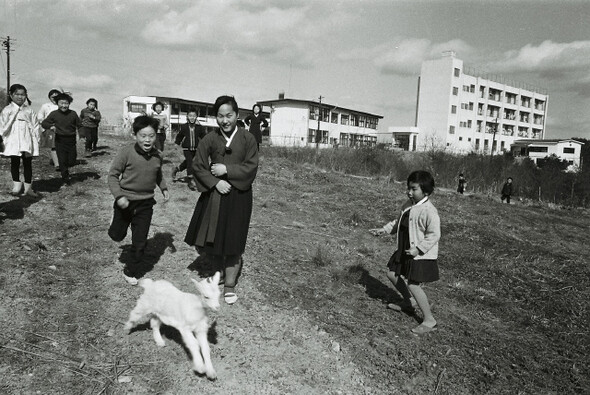 일본 미야기현 센다이의 한 조선학교에서 염소와 뛰어놀고 있는 학생들. (1973년 3월)