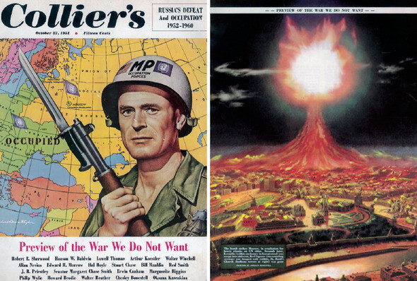 1951년 10월27일 발행된 미국 잡지 〈콜리어스〉의 표지(왼쪽)와 내부 이미지. 이 잡지는 ‘우리가 원치 않는 전쟁 미리 보기’란 제목을 달아 가상의 제3차 세계대전 시나리오를 실었다. slideshare.net 화면 갈무리