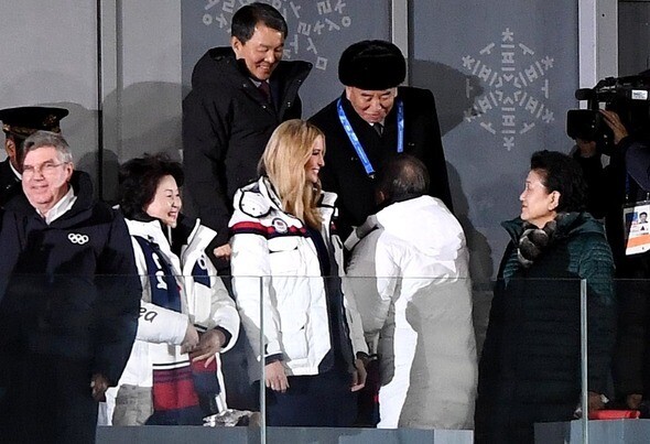 President Moon Jae-in shakes hands with North Korean Workers‘ Party Central Committee Vice Chairman Kim Yong-chol at the Pyeongchang Olympics closing ceremony on Feb. 25 while Ivanka Trump looks on. (Photo Pool)