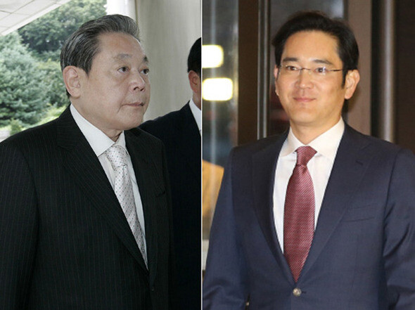 Samsung Electronics Chairman Lee Kun-hee (left) and his son