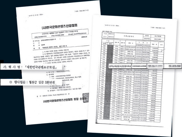 한국콘텐츠산업협회가 지난해 8월25일 한 업체에 보낸 협찬금 요청 공문(왼쪽)과 기업은행의 기부금 명세서. 한국콘텐츠산업협회는 두 행사에 각각 3천만원씩을 요구했고 기업은행은 6천만원을 줬다. 