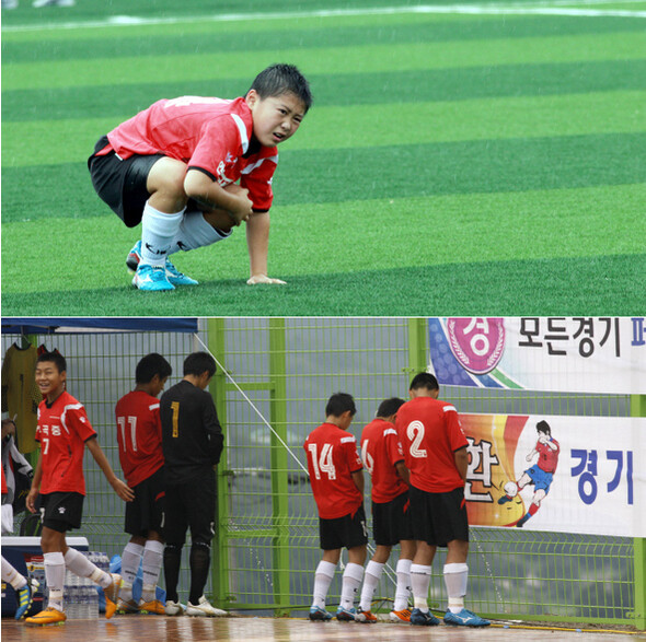 한 선수가 경기 도중 고통스런 표정으로 무릎을 감싸 쥐며 일어서려 하고 있다(위 사진). 경기 시작이 임박하자 긴장한 선수들이 그라운드 한쪽에서 소변을 보고 있다. 어린 선수들의 경기에서는 경기가 시작되기 직전에 이런 풍경이 자주 벌어진다. 아무리 급해도 소변은 화장실에서! (아래 사진). 한겨레21 김경호