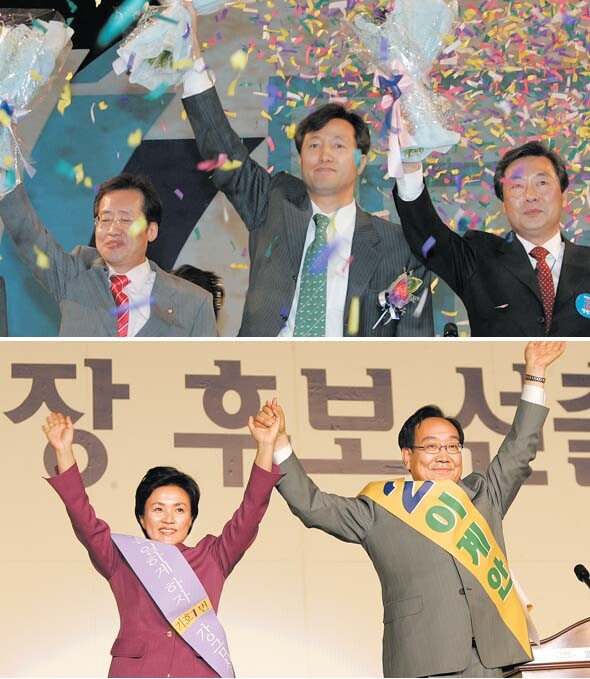2006년 서울시장 후보를 뽑는 한나라당·민주당 경선에서 승리한 오세훈(위 사진 가운데) 서울시장과 강금실(아래 사진 왼쪽) 전 법무장관. 이들은 차기 <한겨레21>의 시장 후보 적합도 조사에서 각각 1·2위를 차지했다. 사진 위부터 한겨레 이종찬 · 이정아 기자