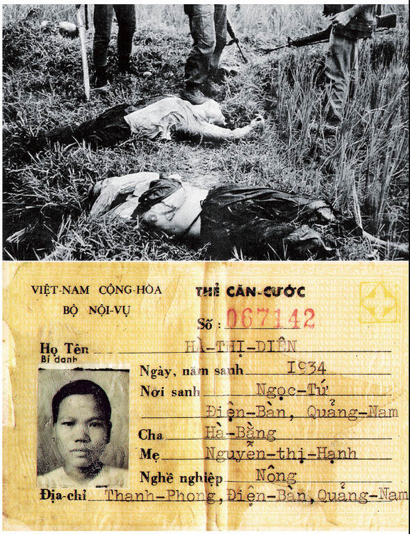 1968년 2월12일 퐁니·퐁넛 사건을 조사한 미군 보고서에 첨부된 여인들의 주검 사진. 레딘먼의 형 레딘묵은 아래 젖가슴이 드러난 여인이 자신의 어머니인 하티지엔이라고 주장했다(위). 아래 사진은 어머니 하티지엔의 신분증. 미 국립문서보관소, 레딘묵 제공