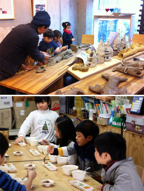 서울 종로구 인사동 ‘키득키득 어린이 창조학교’에서 아이들이 찰흙으로 프레리도그 집을 빚고 있다. 앞에는 지난 시간 만든 상상 속 물고기 집들이 놓여 있다(위). 오방놀이터의 점심시간, 아이들이 자기 몫의 식사를 하고 있다. 한겨레 신소영 기자, 한겨레 정용일 기자