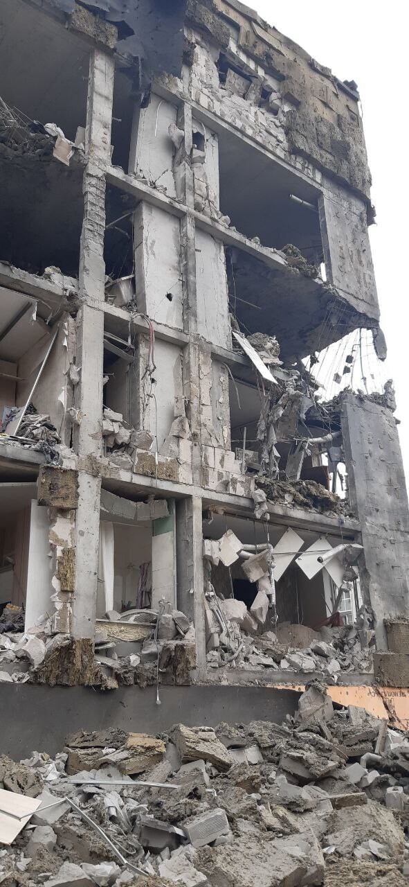 This photo, provided by Oksana, shows the apartment building that Oksana and her family lived in after it was hit by Russian fire on March 4.