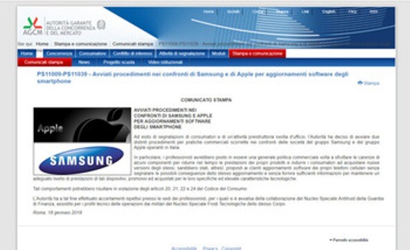A press release from Italy’s Antitrust Authority announcing an investigation into Samsung Electronics and Apple. (taken from Italy’s Antitrust Authority homepage)