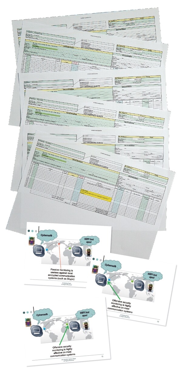 이탈리아 업체 ‘해킹팀’에서 유출된 국가정보원의 거래 영수증(위). 이 업체는 기존 패킷 감청이 불완전하다며 자사의 스파이웨어 직접 설치를 적극 홍보해온 것으로 드러났다.