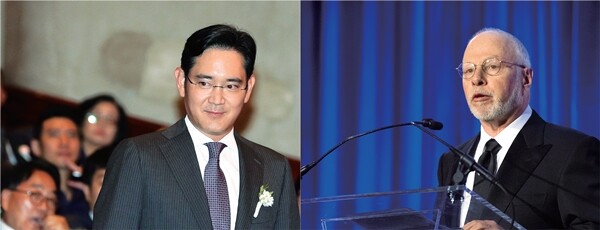 이재용 삼성전자 부회장(왼쪽)과 폴 싱어 헤지펀드 엘리엇매니지먼트 최고경영자. AP 연합뉴스