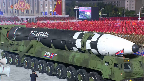 North Korea unveils a new intercontinental ballistic missile (ICBM) in a military parade marking the 75th anniversary of the establishment of the Workers’ Party of Korea on Oct. 10, 2020, in Pyongyang. (Yonhap News)