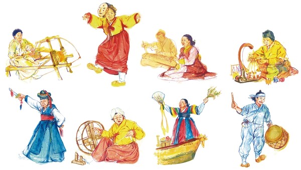 ‘여성의 삶으로부터, 전통을 잇다’ 책에 소개된 경남 여성 전통문화예술 계승자 8명의 삽화. 경남여성가족재단 제공