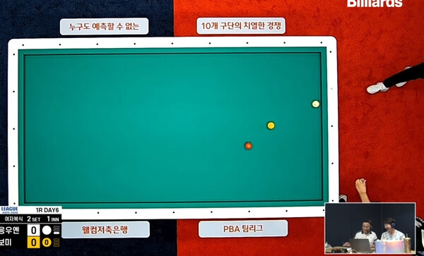 On the 27th, Kim Hyun-seok and Choi Chul-woong commentator (small screen in the lower right) of the team's first round NH Nonghyup Card and SWI's match held at the KINTEX PBA Lounge, Goyang, Gyeonggi-do, are relaying YouTube. PBA relay screen capture