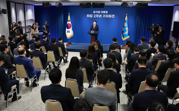 President Yoon Suk-yeol takes questions from reporters at a press conference on May 9, 2024, to mark the second anniversary of his inauguration. (pool photo)