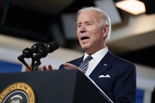 US President Joe Biden delivers closing remarks at the Summit for Democracy on Saturday in Washington. (AP/Yonhap News)