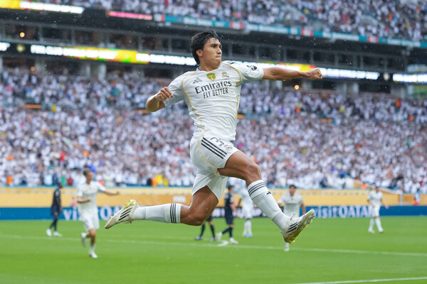 Real Madrid's Gonzalo Garcia is delighted after scoring the final goal in the match against Juventus with the 2025 International Football Federation Club World Cup Round of 16. Miami/Shinhwa Yonhap News