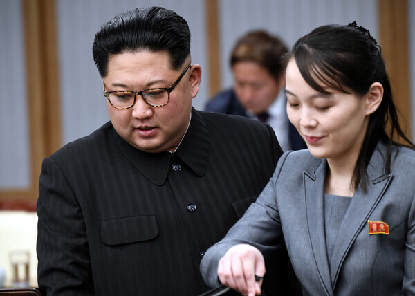 North Korean leader Kim Jong-un and his younger sister Kim Yo-jong, first deputy director of the Workers’ Party of Korea Central Committee, ahead of the inter-Korean summit at Panmunjom on Apr. 27, 2018. (photo pool)