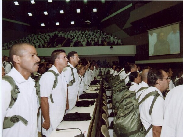 The launching ceremony for the Henry Reeve International Medical Brigade in 2005. The brigade was awarded the 2017 Dr Lee Jong-wook Memorial Prize for Public Health at a World Health Organization (WHO) ceremony. (provided by Jeong)