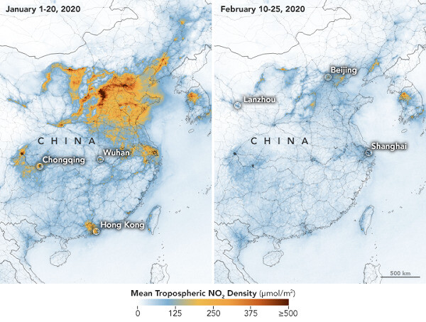 우한 봉쇄령 이전과 이후의 중국 대기의 이산화질소 농도 변화. 나사 제공