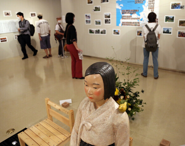 “Statue of a Girl of Peace” is displayed at an art exhibition titled “After ‘Freedom of Expression?’” that opened on Tuesday at Citizen’s Gallery Sakae, a public facility in Nagoya, Aichi Prefecture.