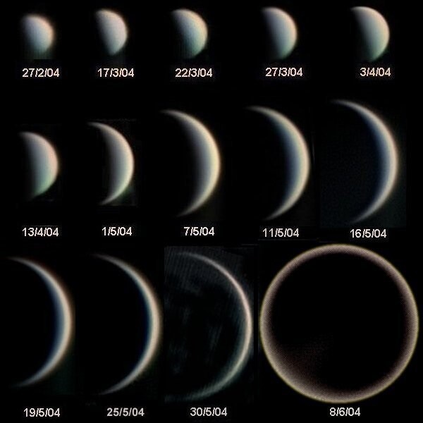 2004년 2월27일~6월8일 사이에 촬영한 금성 사진. 멀리 있을 땐 보름달 모양, 가까이 있을 땐 초승달 모양이다. Statis Kalyvas/ ESO
