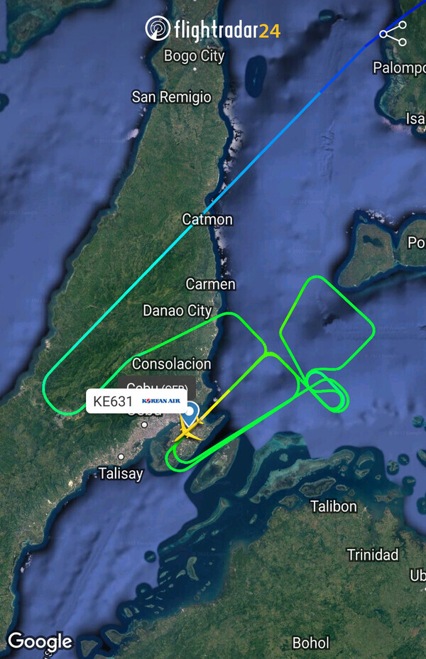 The A330-300 plane bound for Mactan-Cebu International Airport international airport in the Philippines from Korea’s Incheon International Airport flew in the above pattern, according to flight record site Flightradar24. (Yonhap)
