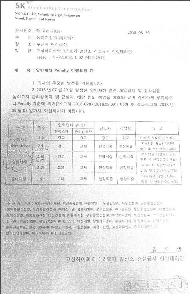 SK건설이 2018년 8월30일 하청업체에 보낸 ‘골든룰’ 관련 공문. 아차사고, 일반재해, 중대재해에 따라 현장소장, 관리감독자, 근로자, 작업팀에 각각 주는 벌칙이 적혀 있다. 전국플랜트건설노조 제공