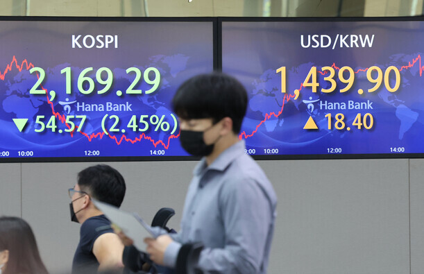 Monitors at the Hana Bank dealing room in downtown Seoul display KOSPI and exchange rate figures on Sept. 28. (Yonhap)