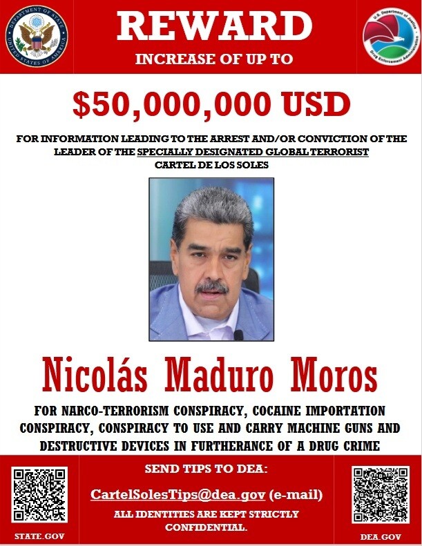 미국 국무부는 마약 테러 등의 혐의로 니콜라스 마두로 베네수엘라 대통령에게 현상금 5천만달러를 내걸었다. 국무부 누리집 갈무리