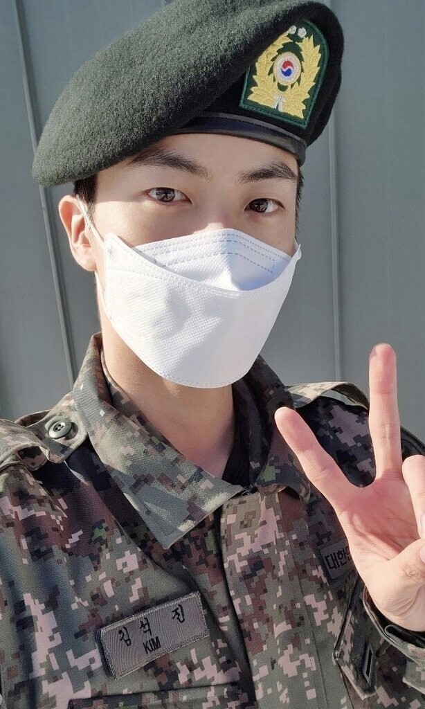 BTS member Jin in his military uniform. (from Weverse)