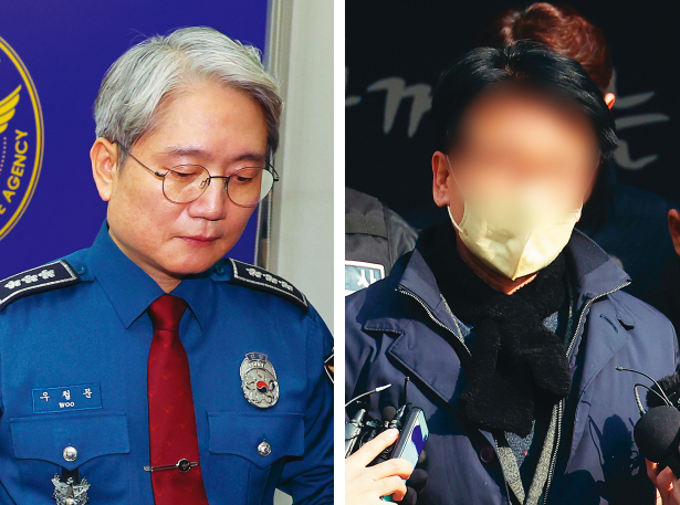 Woo Cheol-mun (left), the head of the Busan Metropolitan Police Agency, leaves the podium after delivering a briefing on Jan. 10 regarding the stabbing of Democratic Party leader Lee Jae-myung. The man who stabbed Lee, an individual surnamed Kim (right), is handed over to prosecutors at the Yeonje Police Station in Busan on Jan. 10. (Yonhap)