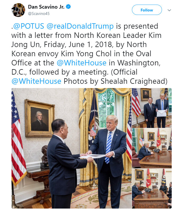 White House director of social media Dan Scavino Jr. posted a tweet on June 1 showing Kim Yong-chol
